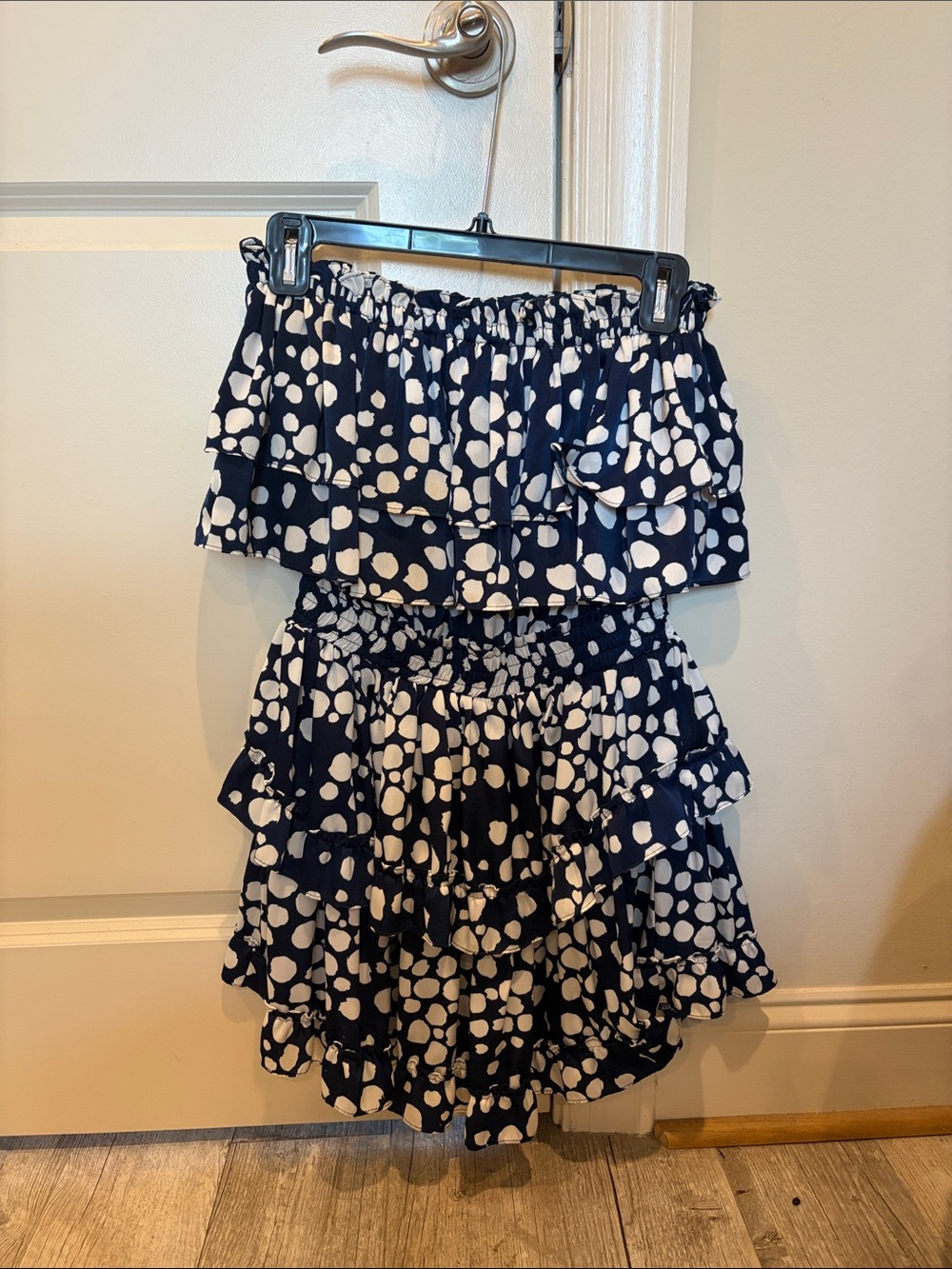 MISA Los Angeles Navy and White Polka Dot Ruffle Dress